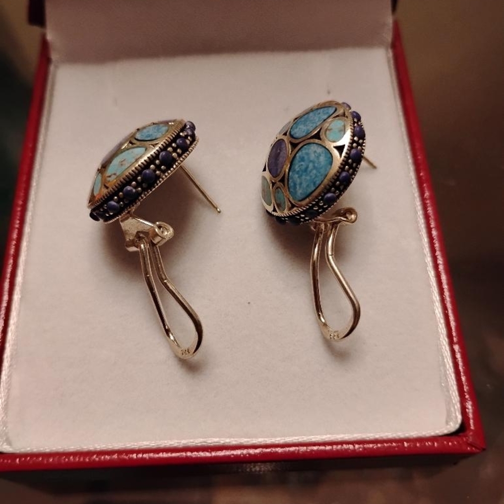 Sterling Silver Lapis Turqoise Inlay Earrings with Omega Backs .925 Stamped